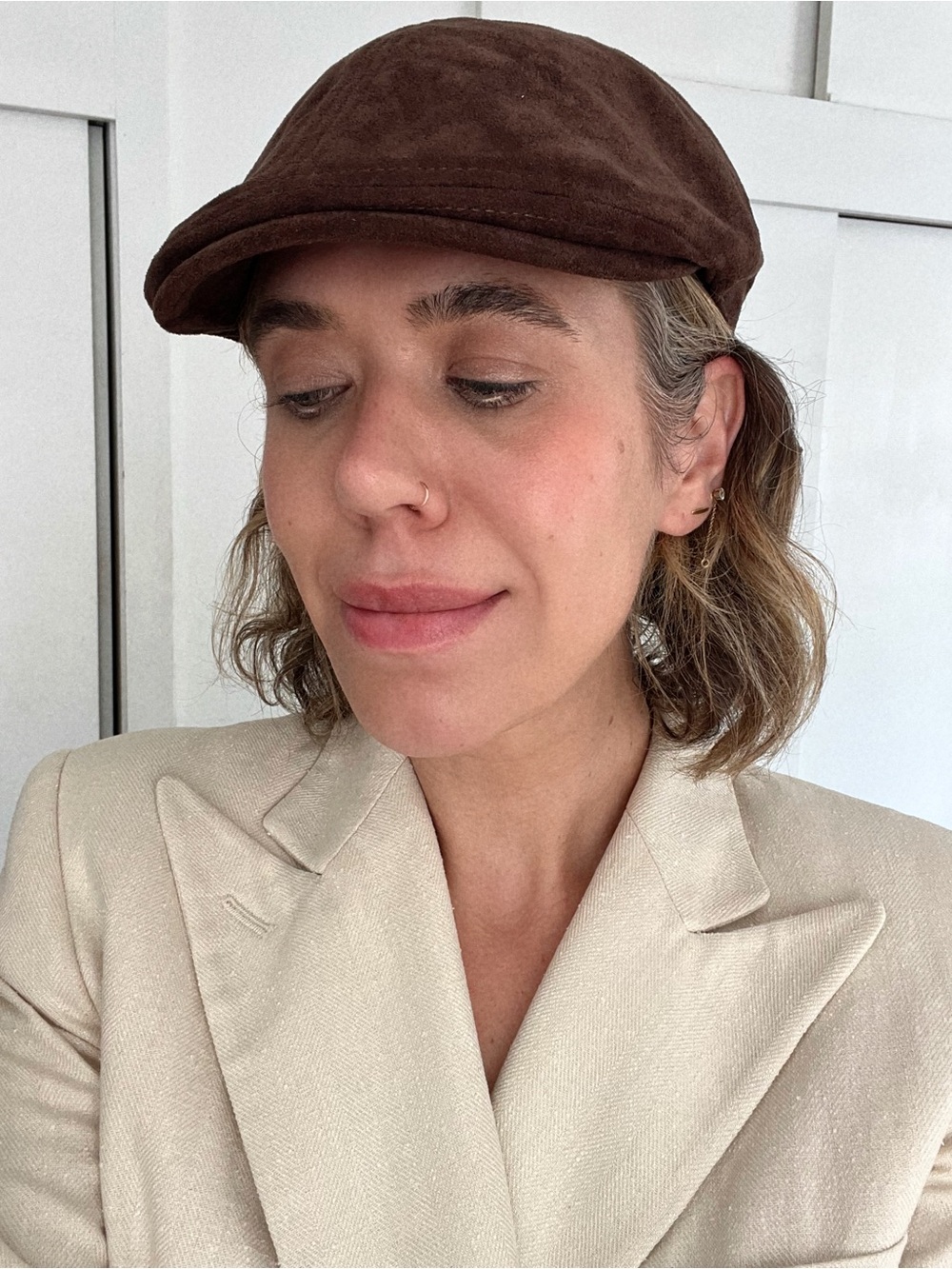 Vintage Chocolate Brown Genuine Suede Leather Newsboy Cap